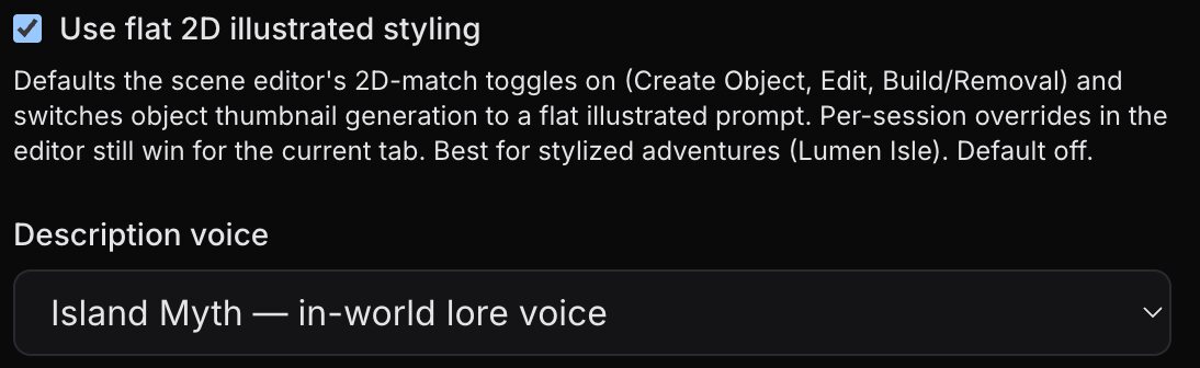 Style controls: the flat 2D illustrated styling toggle, checked, and a Description voice selector set to Island Myth — in-world lore voice.