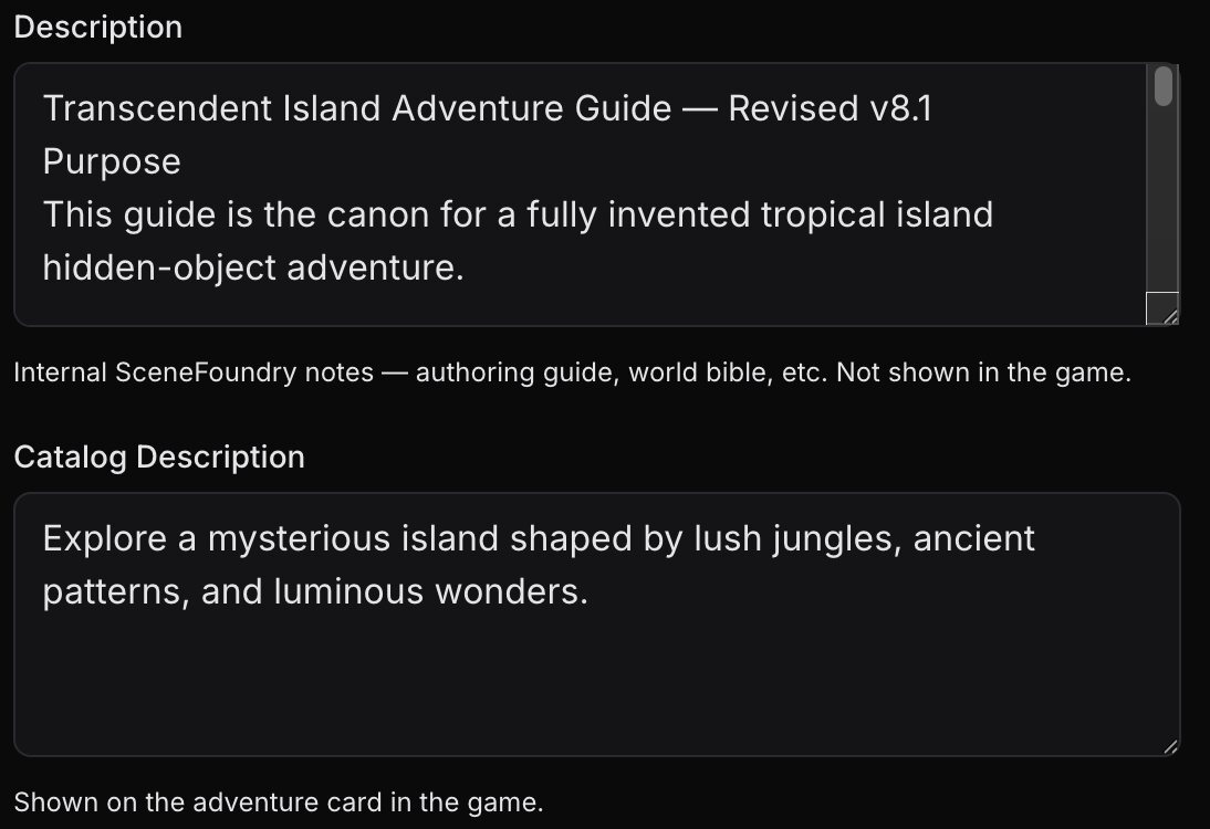 The adventure Description field — the Transcendent Island Adventure Guide the models treat as ground truth, plus the catalog description players see.