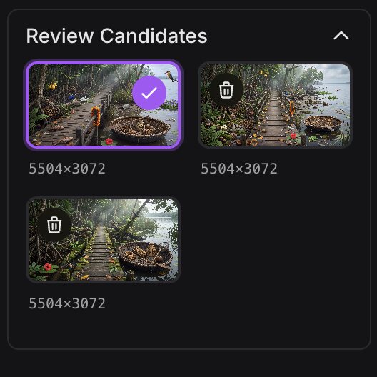 Generated scene candidates at 5504 by 3072, one selected with a purple checkmark.