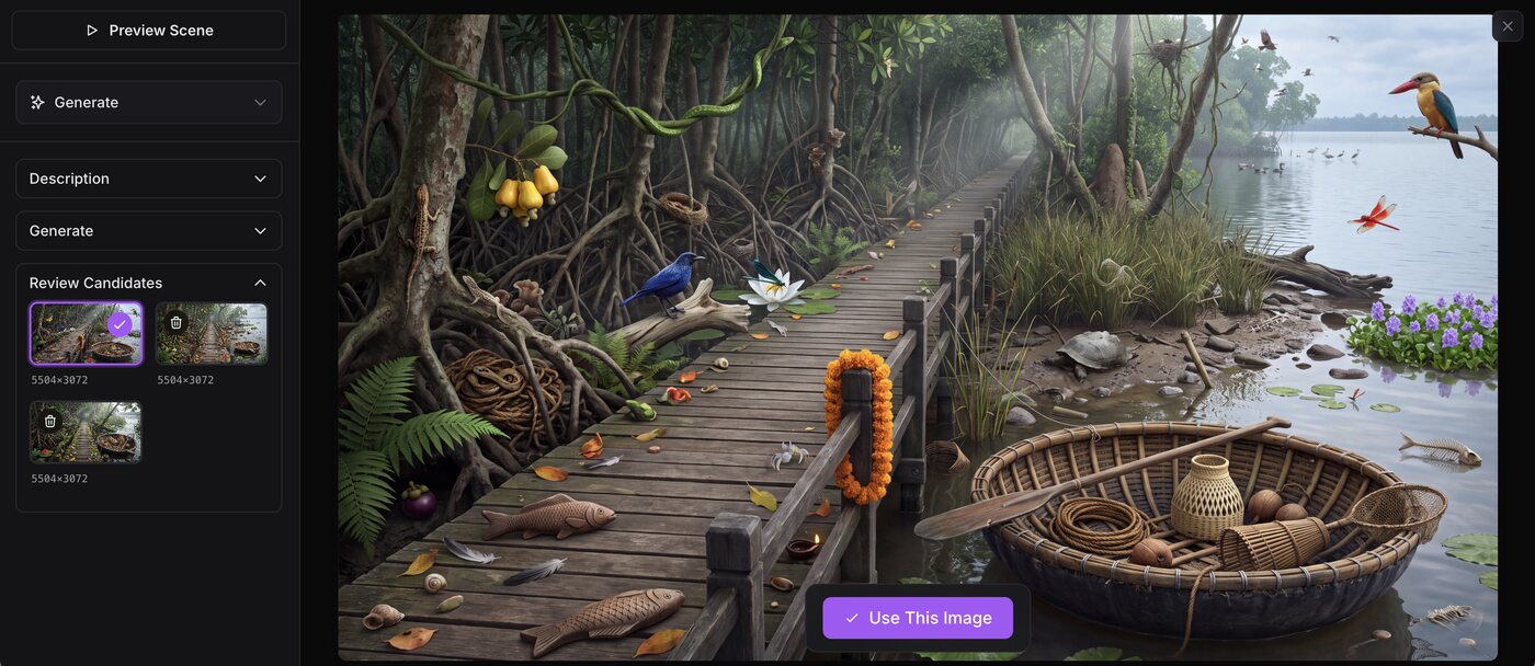 The candidate review at full size: a chosen 5504 by 3072 scene of a mangrove boardwalk dense with birds, fish, shells and a coracle boat, with the other candidates in a rail alongside and a Use This Image button.