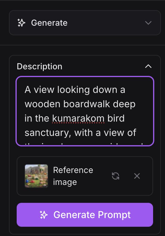 A description of a boardwalk deep in the Kumarakom bird sanctuary, an attached reference image, and the Generate Prompt button.
