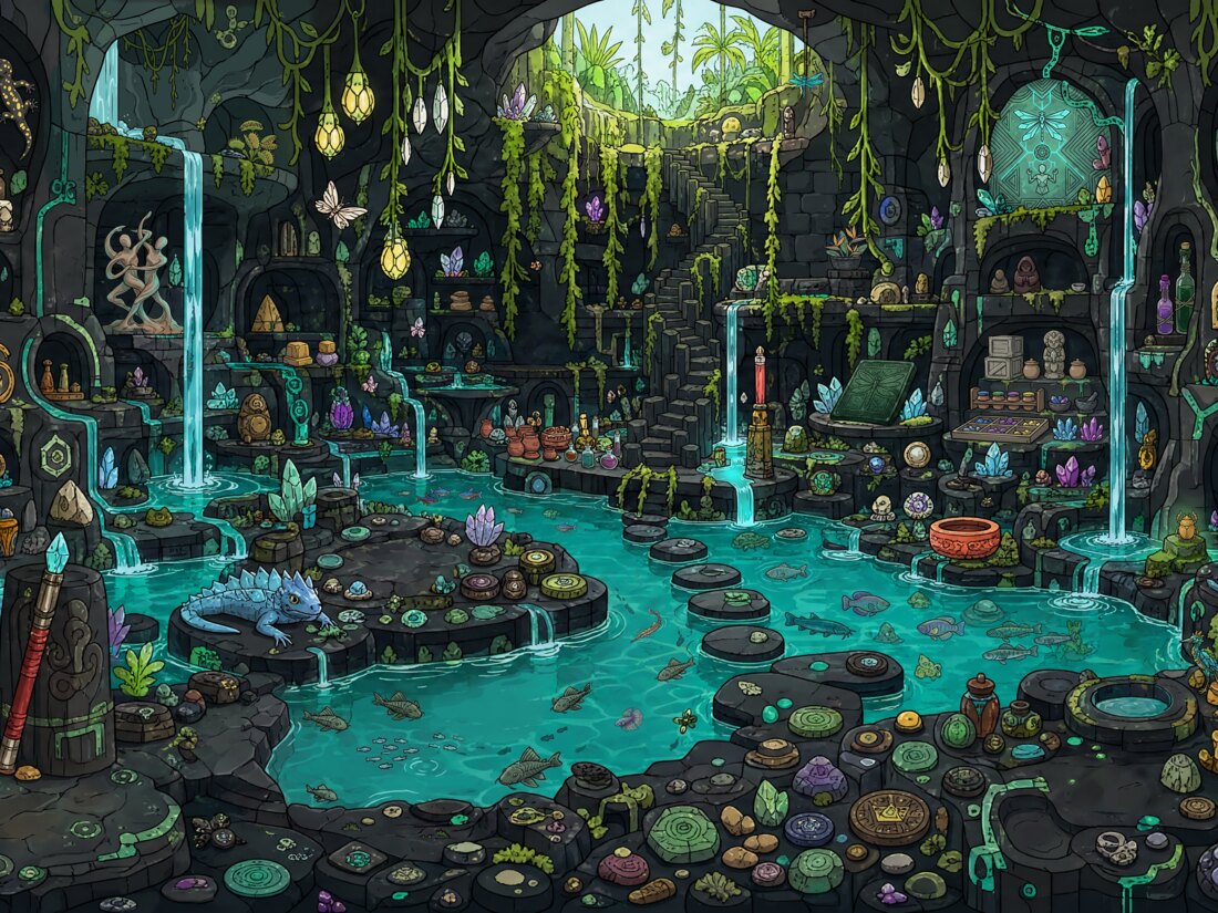 Inner Sanctuary, a scene from the Lumen Isle adventure: a luminous cave of turquoise pools and waterfalls, its ledges and alcoves crowded with bottles, crystals, shells and lanterns.