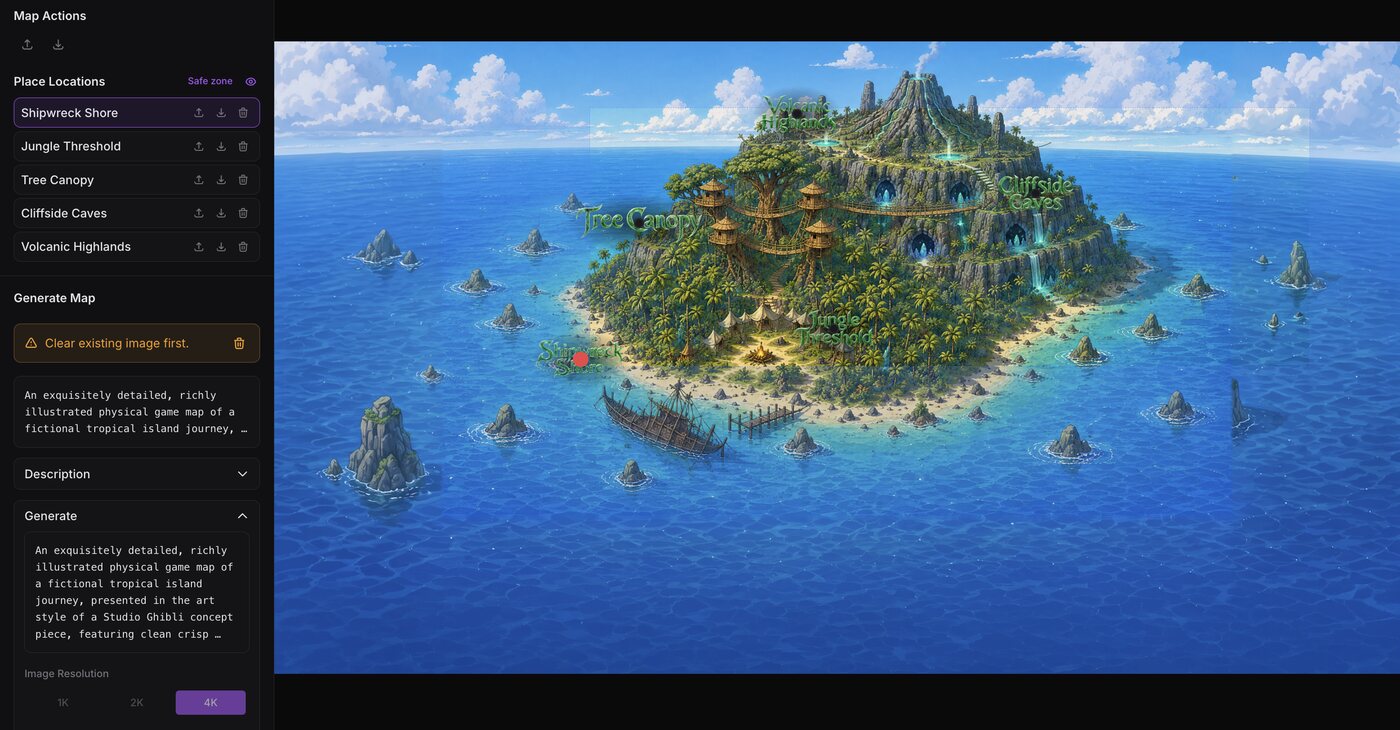 The map builder: an AI-generated illustrated island map with its five locations placed and labelled — Shipwreck Shore, Jungle Threshold, Tree Canopy, Cliffside Caves and Volcanic Highlands — beside a rail holding the location list, a safe-zone toggle, the generation prompt and a 4K resolution control.