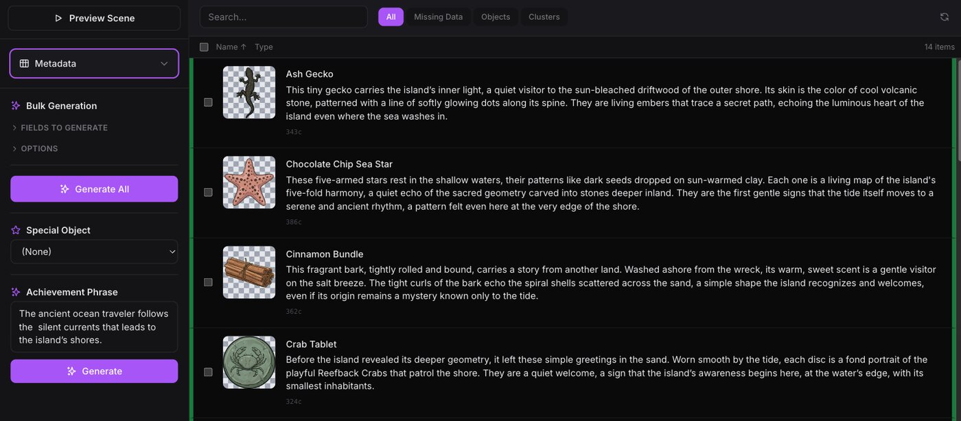 The metadata review table: object cutout thumbnails on transparency beside generated lore descriptions for Ash Gecko, Chocolate Chip Sea Star, Cinnamon Bundle and Crab Tablet, with the bulk-generation panel alongside.