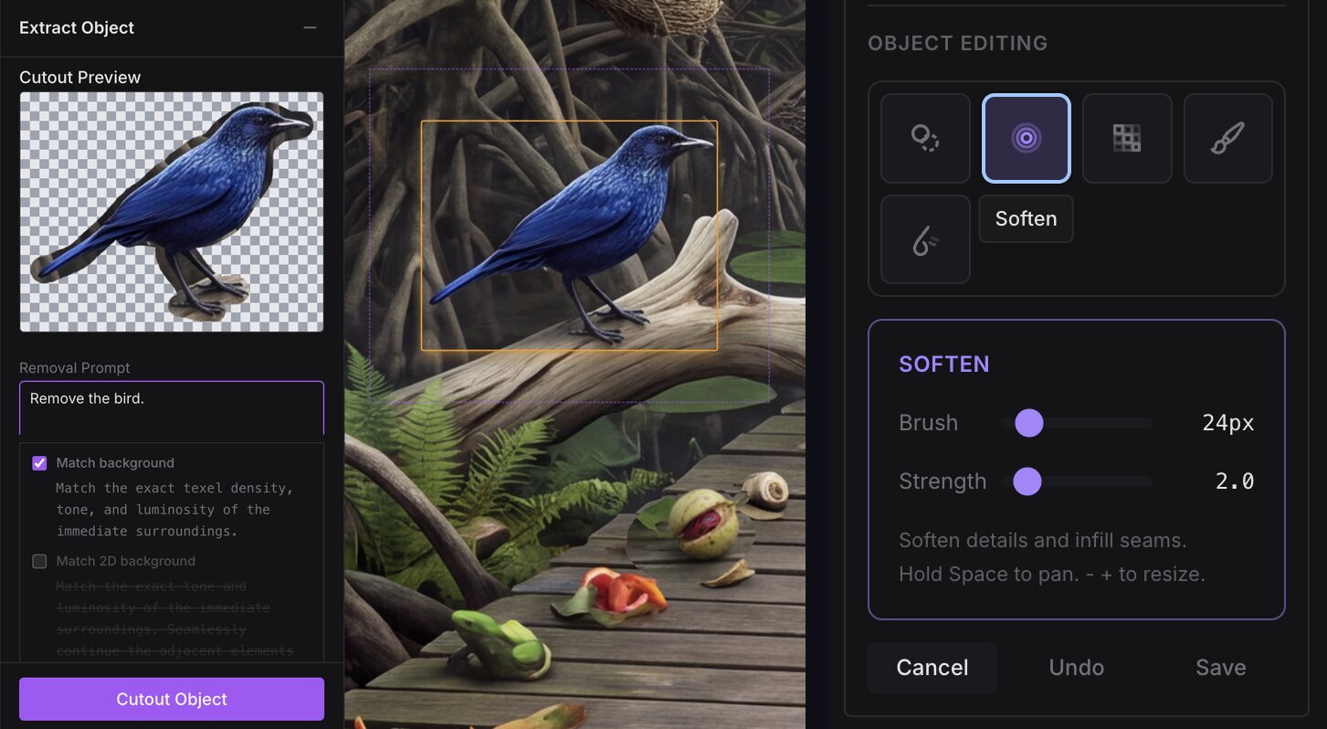 The object editor: a bird cutout previewed on transparency beside its editable removal prompt and a Match background option, and alongside it the pixel-tool rack with the Soften brush selected, showing brush size and strength.