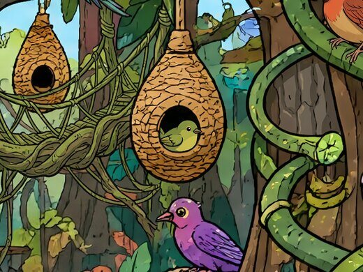 The scene with the findable Weaver Bird sitting in its nest.