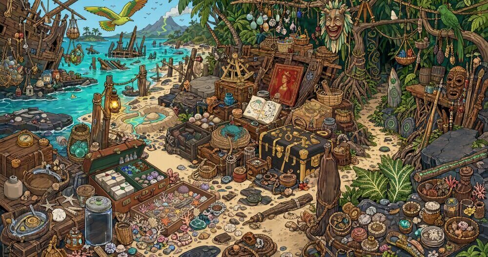 Lumen Isle — a flat 2D illustrated tropical shipwreck scene.