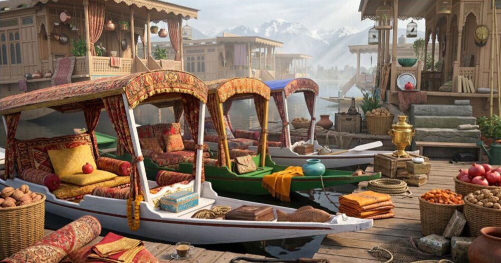 Dal Lake harbor — a photorealistic 19th-century Kashmir scene.