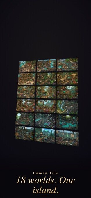 An App Store montage: a perspective grid of one adventure's scenes with a brand lockup.