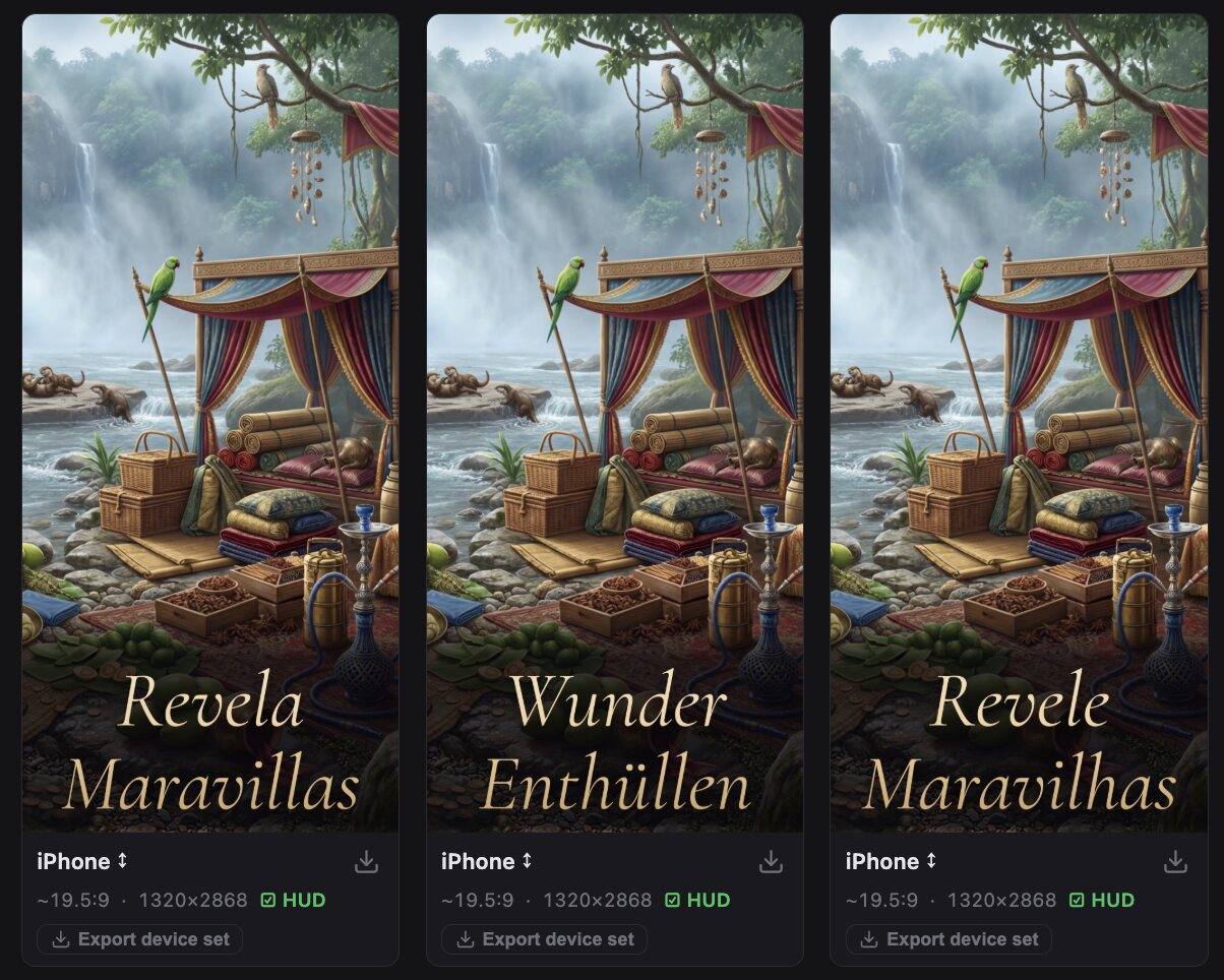 The same Reveal Haven scene exported three times from Spotlight, each with the gold title lockup rendered in a different language — Revela Maravillas in Spanish, Wunder Enthüllen in German, Revele Maravilhas in Portuguese — every one a 1320 by 2868 iPhone frame with the HUD included.