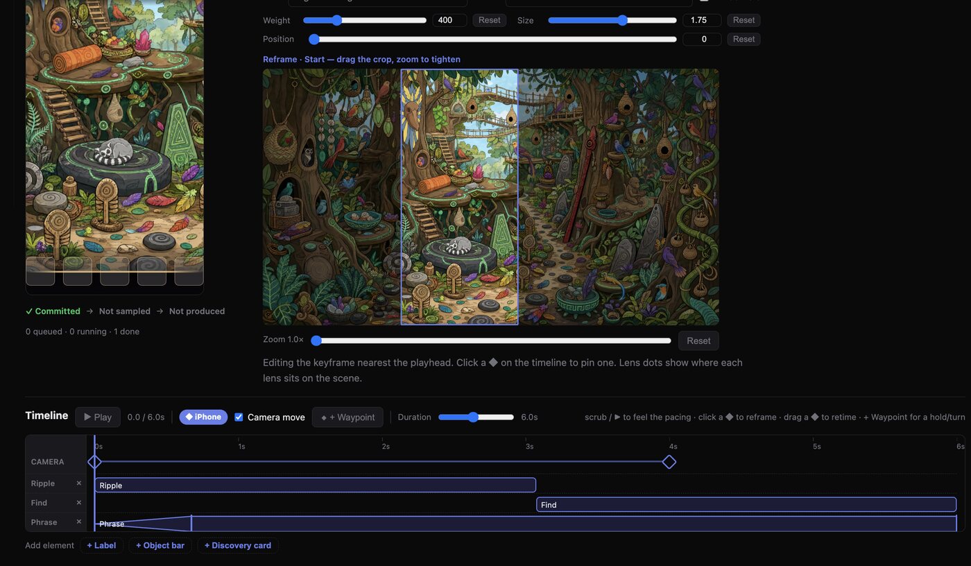 The Spotlight Studio editor: a live scene preview and a reframe strip showing the crop window dragged over three panels of one scene, above a multi-track timeline whose camera, ripple, find and phrase lanes each carry a placed clip.